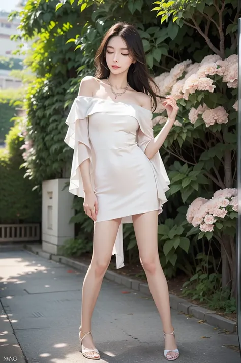 elegant slender legs, (full body:1.8), slightly parted lips, off-shoulder, beautiful young girl, hair falling over shoulders, clear eyes, smooth hair, exquisitely perfect facial features, most beautiful large eyes, long eyelashes, gentle silkworm-like gaze...