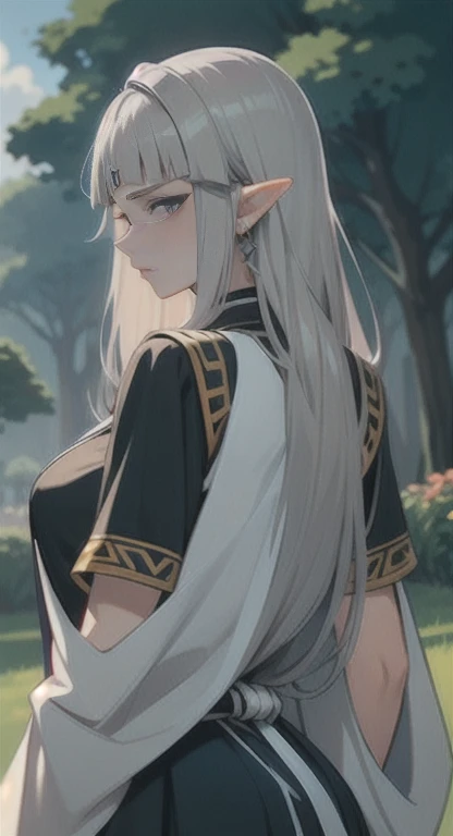 Sweating, long silver hair, Princess Zelda, Hyrule high school, schools uniform, students everywhere, looking at viewer annoyed, back view, SFW,