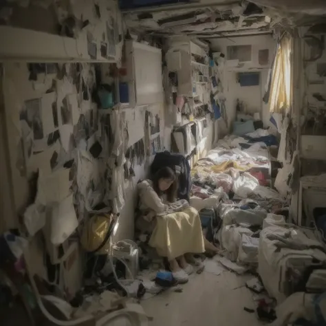 there is a woman sitting in a Messy room with a lot of clutter, inside a Messy room, Messy room, Claustrophobic room, Messy bedroom, Messy bedroomの中, Dirty room, Chaotic teen bedroom, Dirty apartment, In a decaying hospital room, Messy room, Crimmed New Yo...