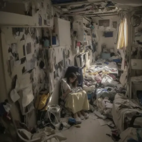 there is a woman sitting in a Messy room with a lot of clutter, inside a Messy room, Messy room, Claustrophobic room, Messy bedroom, Messy bedroomの中, Dirty room, Chaotic teen bedroom, Dirty apartment, In a decaying hospital room, Messy room, Crimmed New Yo...