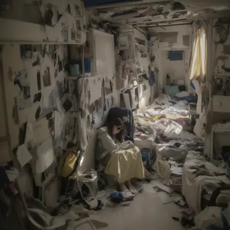 there is a woman sitting in a Messy room with a lot of clutter, inside a Messy room, Messy room, Claustrophobic room, Messy bedroom, Messy bedroomの中, Dirty room, Chaotic teen bedroom, Dirty apartment, In a decaying hospital room, Messy room, Crimmed New Yo...