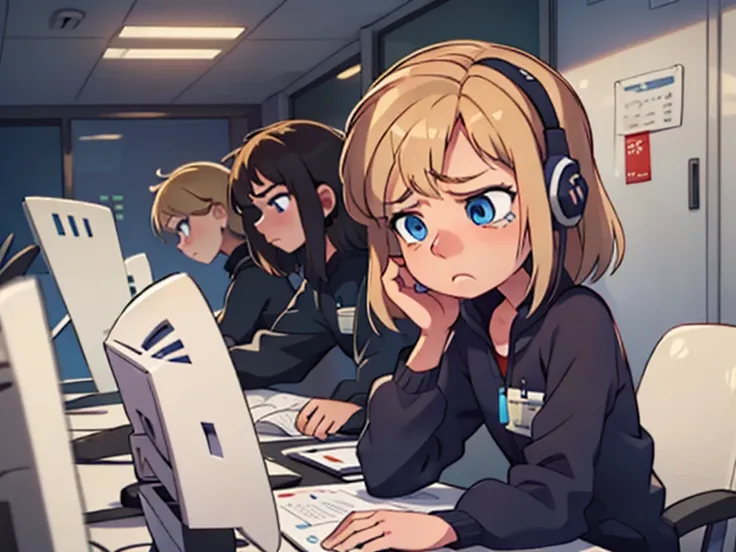 riley andersen, (1 girl), working in a call center, blonde, blue eyes, short hair, sad face,