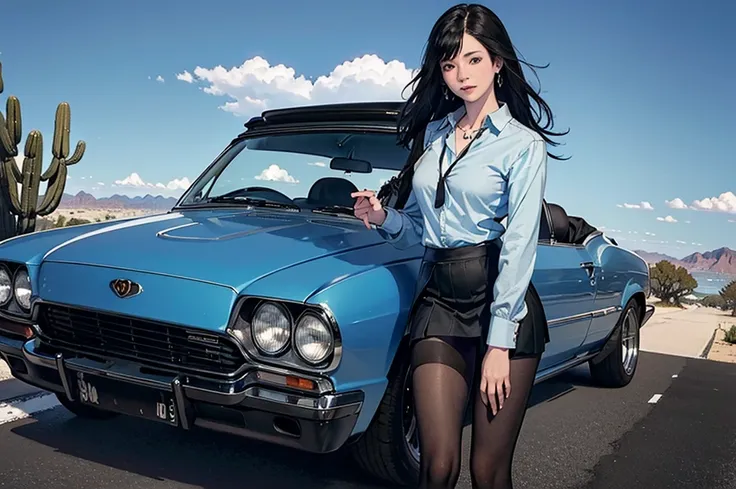 ((masterpiece)), ((best quality)), 1girl, black_hair, blue_eyes, shirt, skirt, tights, arizona_desert, lowrider, lowrider, conve...