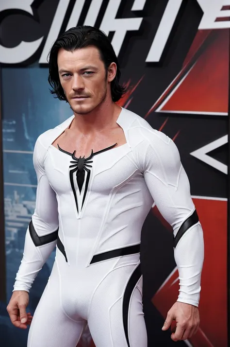 Luke Evans, stubble, shoulder length hair, black hair, white Spiderman suit, detailed, comic book style, chiseled torso, chiseled arms.