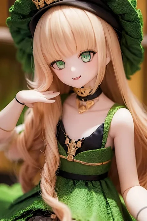 ((highest quality)), ((masterpiece)), (extremely detailed), kukolnydom, doll, ciel_synduality_noir, strawberry blonde hair, green eyes, long hair, blunt bangs, mature woman, solo, dynamic pose, seductive smile, 8k