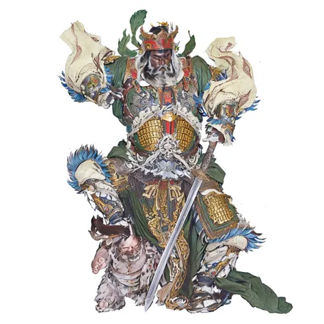 a fierce dark skin chinese warrior, wearing armour, holding a sword, stepping on a goblin, wild beard