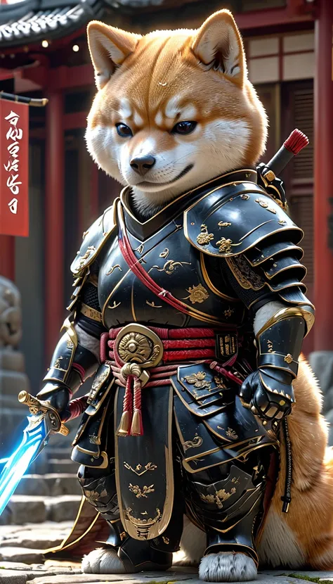 shiba inu samurai,whole body, he has a japanese sword charged with lightning., wearing black armor and hakama haori, japanese te...