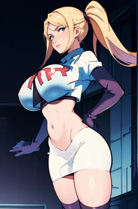 samus aran, huge breasts, round full breasts, NSFW, ponytail, hair tie, team rocket, team rocket uniform, red letter R, white skirt, white crop top, black thigh-highs, black elbow gloves, spaceship background