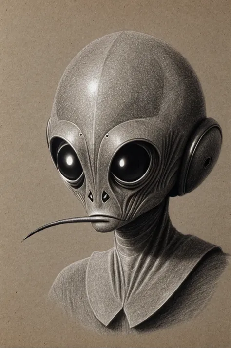 Create pencil drawing of an alien with a UFO behind him, that the alien is small, with totally black and almond-shaped eyes, with two small holes for a nose and no mouth