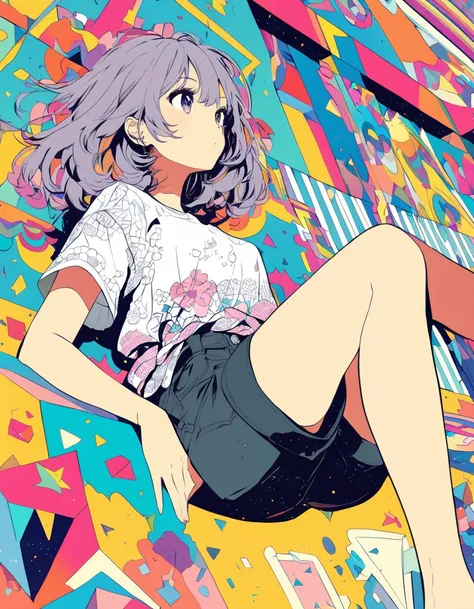 ultra-detailed:1.3, ultra delicate and detailed face:1.3, (absurdres, texture, masterpiece), from below, no outline, minimalism, pixiv contest winner, by Posuka Demizu, dynamic manga-style illustration of girl wearing shirt with floral patterns and shorts....