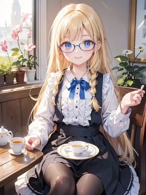 (8K, Highest quality, tableトップ:1.2)、Ultra-high resolution、7-year-old girl, Perfect Fingers, Detailed face, smile, blue eyes, Glasses, Blonde, Long Hair, Braid, Blue Apron Dress, garden, flower bed, table, tableクロス, Black tea, Tea cup, cake, Sit on a chair,...