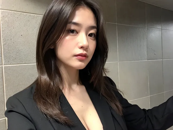 Black jacket over a white shirt、Japanese office lady clothes、Large Breasts、A little bit of cleavage is visible through the shirt.、Photographed in natural light、Highly detailed face and skin texture、Highly detailed lips、The correct state of the human body、U...