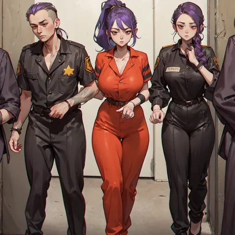 anime girl (purple hair, large ponytail, huge breast, neckline.) being admitted to a women's prison. in this beginning, the girl...