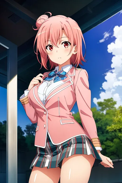 highest quality, High resolution, perfect pixel, Depth of the bounds written, 4k, beautiful anime girl, perfect body, 
looking at the viewer, 
Yuigahama Yui, 1 girl, short hair, pink hair, hair bun, pink eye, 
large breast, 
blazer, uniform, kilt skirt, 
c...