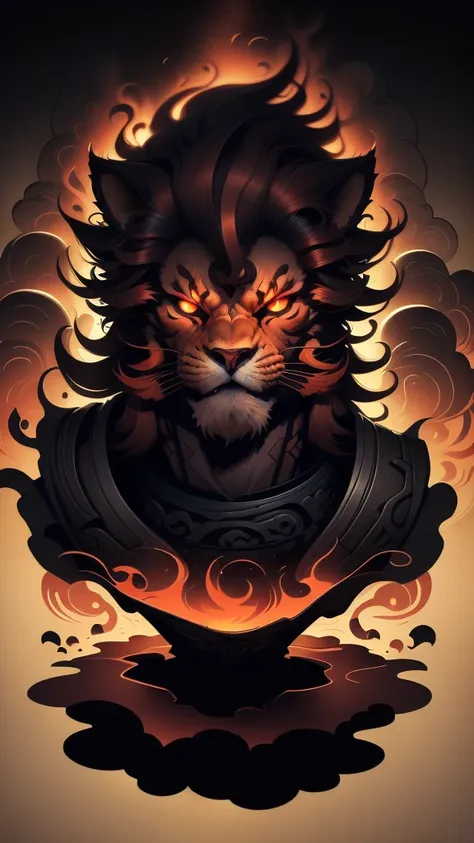 make me red orange lion head black hair and use the typography that porbas, the lion destroyer of the world.