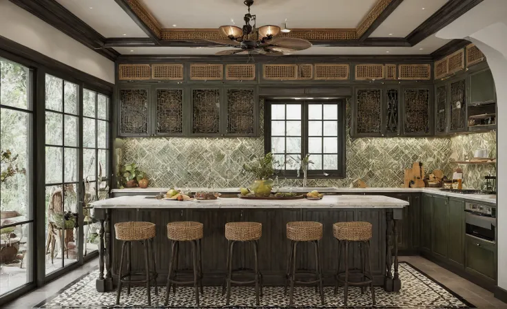 Indochine style kitchen, warm, rustic, close to nature, Warm colors like earthy brown, light yellow, sage green, Use of natural materials like wood, stone, rattan, Patterned tiles, woven baskets, greenery, pottery, artwork, Create a sense of openness and c...