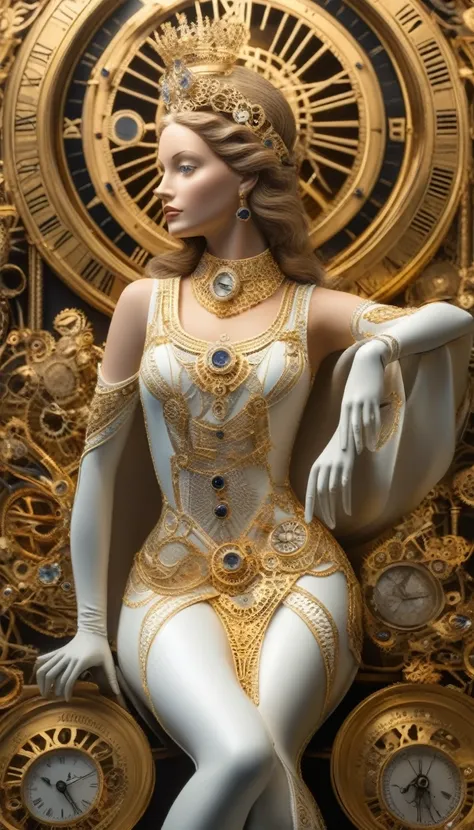 une reine d'argents et d'ors sublime et sensuelle aux cheveux très longs aux jambes fines et élancées , reine couronnée, timeart...