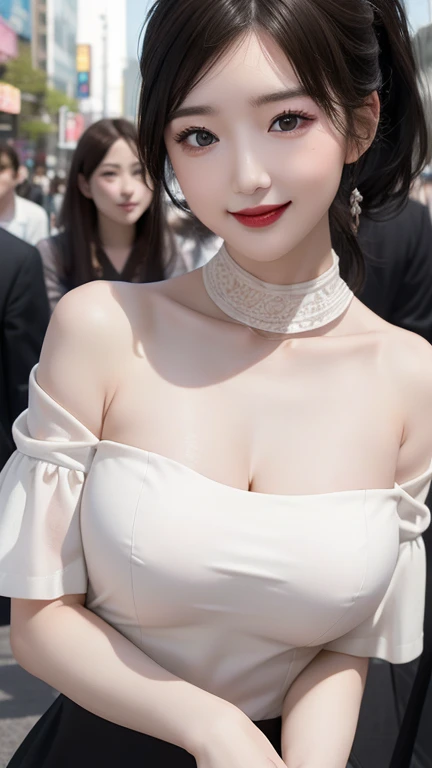 On the table、Big light、Beautiful Lights、Heavy eye makeup、Dark eyeliner、Bangs、((Ponytail))、White skin、Revealing clothes、Large Breasts、Huge breasts、,(((Full and soft breasts,)))(((Huge breasts))) (((Cleavage))))露出Cleavage的连衣裙、Off-shoulder、Slit Skirt、Gorgeous...