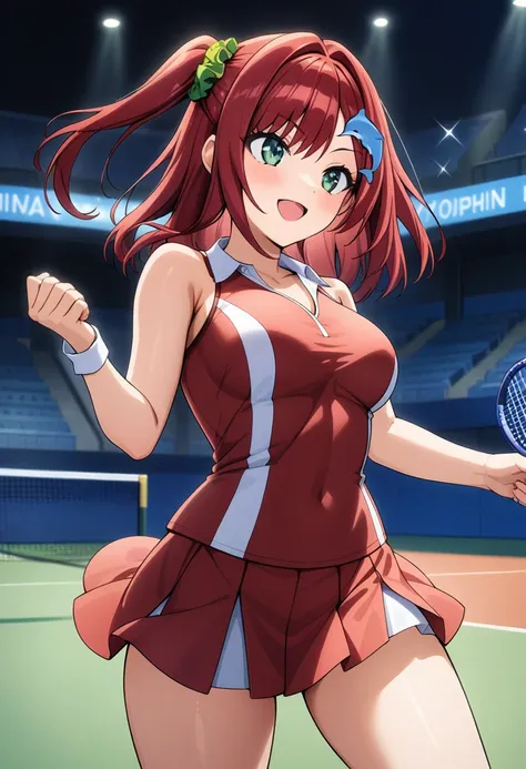 1girl, sakimiya iruka, dolphin wave, red hair, one side up, green scrunchie, hair ornament, green eyes, 

tennis uniform, 
cowbo...