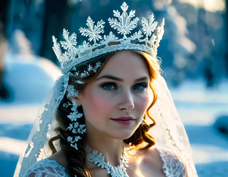 an immense crown of finely chiseled and openwork frozen water lace offers power to a sublime, happy and radiant queen,