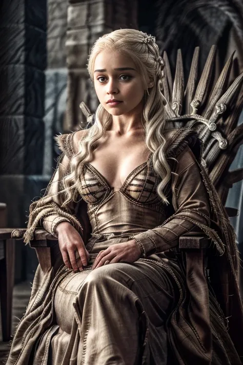 a sexy daenerys targaryen sitting on the game of thrones throne, fantasy throneroom, sinister gothic hall, gothic throne, dark, ...