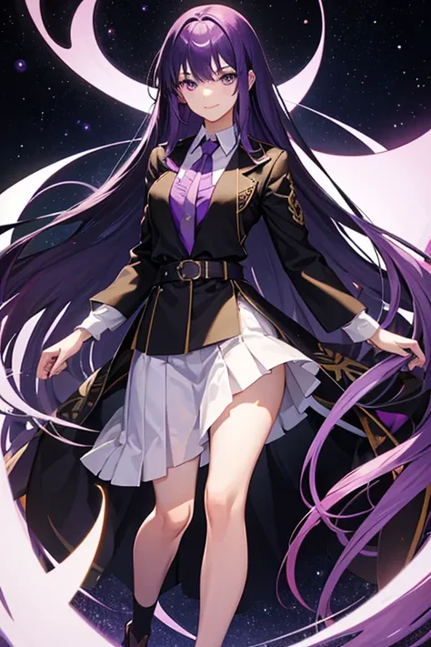 tall girl, Skinny body, long hair, purple hair, purple eyes, secretary attire, knee length hair, SMILE, defined hands, defined face, White shirt, long skirt above the knee with three stars, black belt, Galaxy, Princess&#39; crown, purple crystals, glass de...