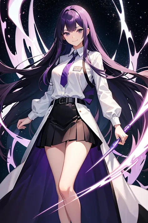 tall girl, Skinny body, long hair, purple hair, purple eyes, secretary attire, knee length hair, SMILE, defined hands, defined face, White shirt, long skirt above the knee with three stars, black belt, Galaxy, Princess&#39; crown, purple crystals, glass de...