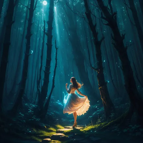 painting of a woman in a forest with a light shining on her, the moonlit dance of the fae, concept art magical highlight, enchanted with nature spirit, fireflies and sparkling wisps, magical concept art, in a magical forest, a friendly wisp, in the magical...