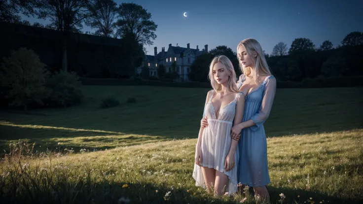 one person, one European girl touching her hair, blue eyes, short black transparent nightgown, skinny, showing cleavage, silver blonde hair, pale face, standing in a meadow, (a mansion behind her), night time, moonlight, windy, high quality photo, photo re...