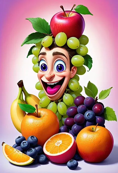 a medium prompt featuring red apples, bananas, green grapes, blueberries, oranges, purple plums, and pink dragonfruit in a funny...