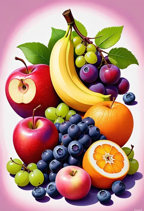 a medium prompt featuring red apples, bananas, green grapes, blueberries, oranges, purple plums, and pink dragonfruit in a funny...