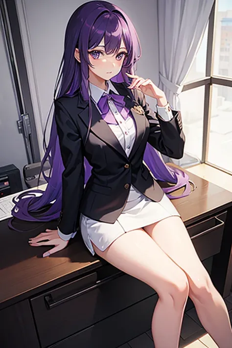 tall girl, long hair, PURPLE HAIR, defined face, defined eyes, defined hands, secretary attire, staring straight ahead, Princess&#39; crown, Galaxy, purple crown, purple eyes, purple left eye, purple right eye, long jacket, smile on the mouth, thin lips, W...