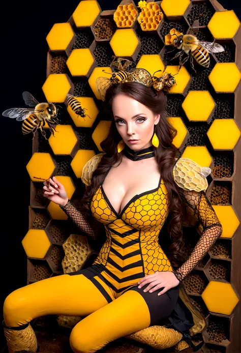 the queen of the bees (lovely woman, regal bee themed dress, ornate honeycomb throne) set within a massive fantasy beehive, she is attended to by many (bee|woman) drones (bee themed body paint)
