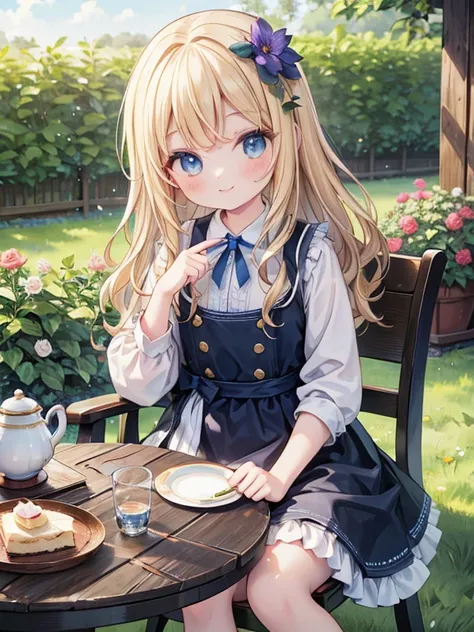 (8K, Highest quality, tableトップ:1.2), Ultra-high resolution, 7-year-old girl, Perfect Fingers, Detailed face, smile, blue eyes, Blonde, (wavy hair:1.5), Blue Apron Dress, garden, flower bed, table, tableクロス, Black tea, Tea cup, cake, Sit on a chair, Black t...