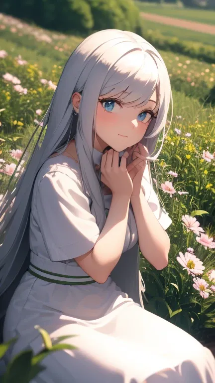 (masterpiece, best quality),1girl with long white hair sitting in a field of green plants and flowers, her hand under her chin, warm lighting, white dress, blurry foreground