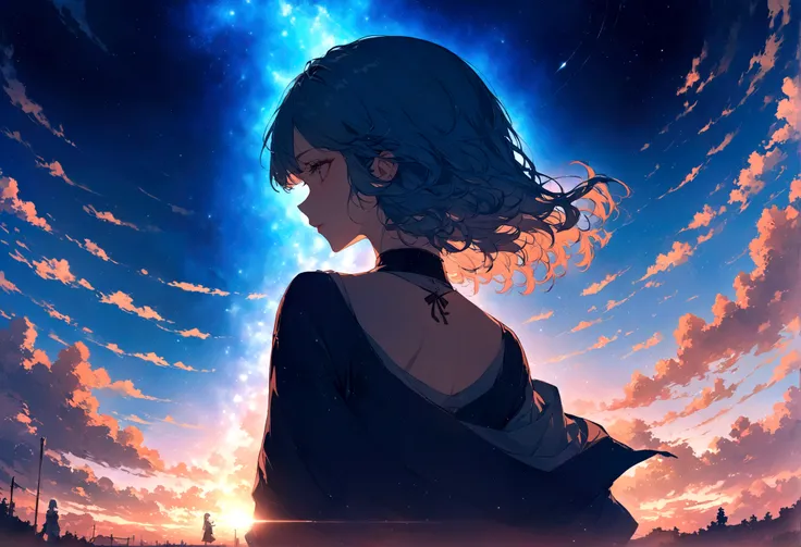 masterpiece,32k,blue haired girl,The starry sky fills the screen、Girl&#39;s back view,Art Style、Beautiful digital illustrations、Beautiful character drawings、Stunning Anime Face Portraits, Lo-fi Girl, Artistic style, Anime atmosphere, Digital anime illustra...