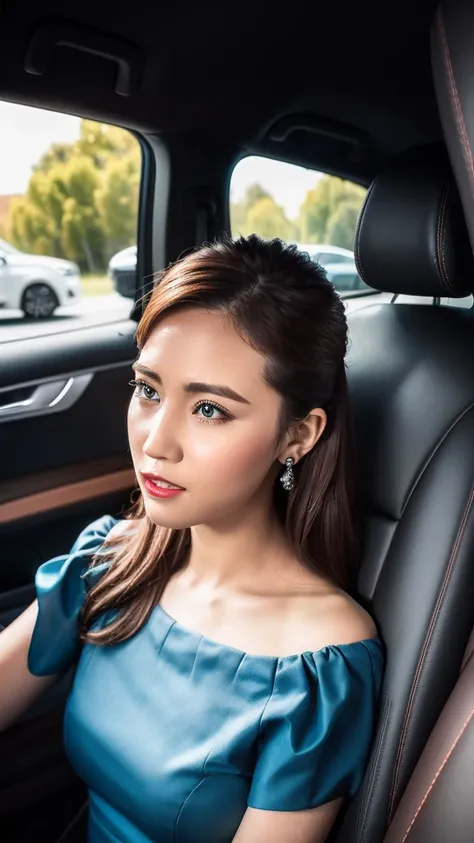 Sit in the passenger seat facing the driver，Photographed from the driver, perspective，2015 BMW X5M interior，32F cup，Off-the-shoulder blue dress，