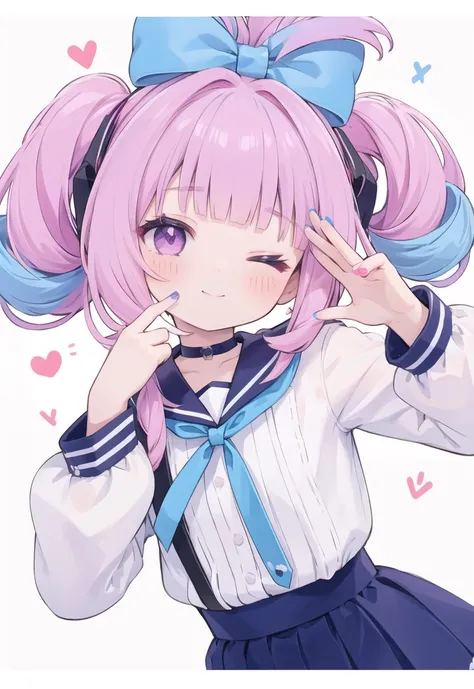 folded twintails,1girl,virtual youtuber,solo,one eye closed,multicolored hair,bow,smile,heart,hair bow,purple eyes,blue hair,braid,v,white background,upper body,bangs,looking at viewer,blue nails,sailor collar,long sleeves,simple background,blue bow,blush,...