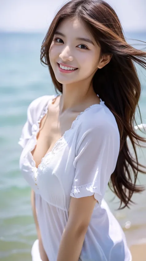 Tabletop、(Highest quality、4K、8K、High resolution、Masterpiece: 1.2)、Super detailed、(Real、Photorealistic、Photorealistic: 1.37)、Full Body Shot、Complex and beautiful eyes、woman、long hair、Natural color lip、whiteＴshirt、Bold and sexy pose、smile、Ocean、20 year old g...