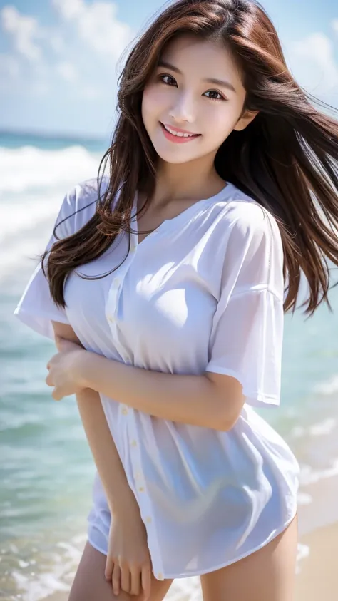 Tabletop、(Highest quality、4K、8K、High resolution、Masterpiece: 1.2)、Super detailed、(Real、Photorealistic、Photorealistic: 1.37)、Full Body Shot、Complex and beautiful eyes、woman、long hair、Natural color lip、whiteＴshirt、Bold and sexy pose、smile、Ocean、20 year old g...