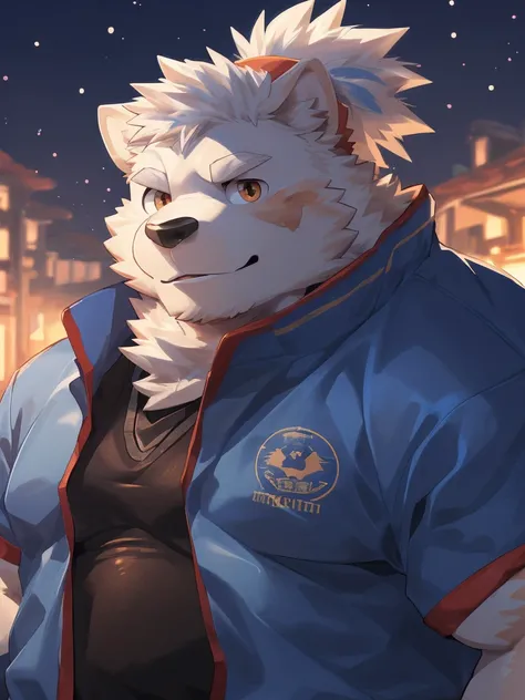 human nature, Wildlife, male,18 years old， solitary, ((Round Face, The face is plump,Orange eyes,Thick white hair，With scars)), ((Endomorph, Handsome，Hot Blood)), (Sportswear，Light blue and white coat，Wear a sports cap), ((domestic 犬, Dog Orc，) Fluffy fur,...