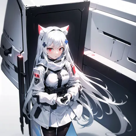 masterpiece, highest quality, highest resolution, clear_image, detailed details, White hair, long hair, cat ears, 1 girl, red eyes, military gear (wearing military gear with a short skirt and white pantyhose), sci-fi drones (drones flying around), white sc...