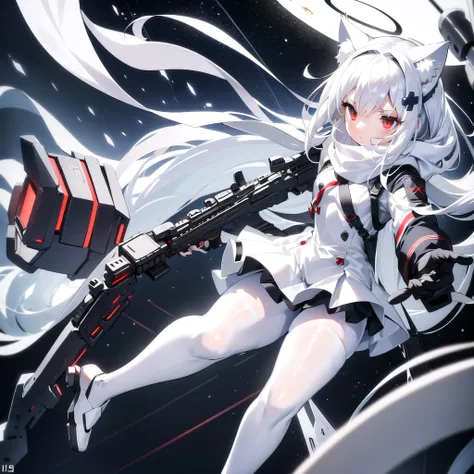 masterpiece, highest quality, highest resolution, clear_image, detailed details, White hair, long hair, cat ears, 1 girl, red eyes, military gear (wearing military gear with a short skirt and white pantyhose), sci-fi drones (drones flying around), white sc...