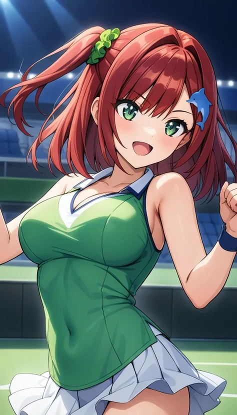 1girl, sakimiya iruka, dolphin wave, red hair, one side up, green scrunchie, hair ornament, green eyes, 

tennis uniform, 
cowbo...