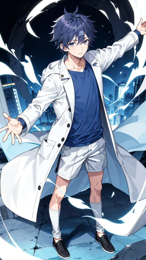 1 boy, 30 years old, full body, messy hair, indigo hair, short hair, researcher, white coat,