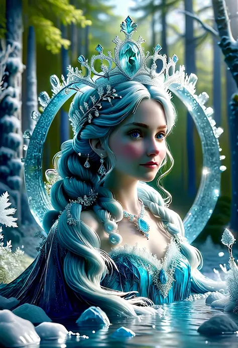 An immense crown of finely chiseled and openwork frozen water lace offers power to a sublime, happy and radiant queen, sublime queen 35 years old crowned happy radiant and radiant, large lush forest