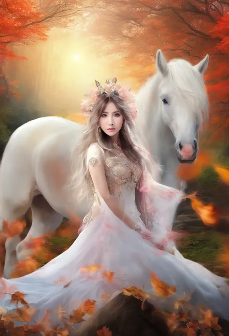 best quality,masterpiece,Ultra-high resolution,(photoactual:1.4),beautiful_Face,Oriental adult female 25 years old,bright eyes,Long silver hair above the waist,Wearing an antique spring and autumn period unicorn costume(Bright 1：0）,Forest,White mist and sl...