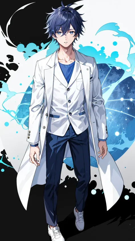 1 boy, 30 years old, full body, messy hair, indigo hair, short hair, researcher, white coat,