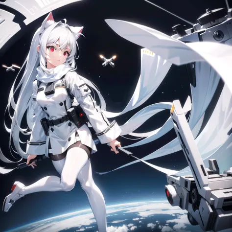 masterpiece, highest quality, highest resolution, clear_image, detailed details, White hair, long hair, cat ears, 1 girl, red eyes, military gear (wearing military gear with a short skirt and white pantyhose), sci-fi drones (drones flying around), white sc...