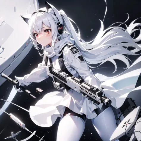 masterpiece, highest quality, highest resolution, clear_image, detailed details, White hair, long hair, cat ears, 1 girl, red eyes, military gear (wearing military gear with a short skirt and white pantyhose), sci-fi drones (drones flying around), white sc...